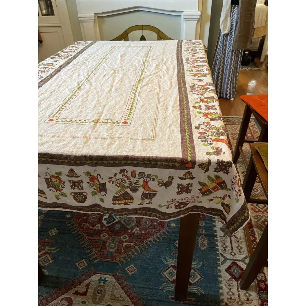 Vintage Pennsylvania Dutch Folk Art Linen Tablecloth 43x75 Amish Couple *READ